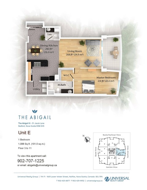 A floor plan for an apartment at The Abigail showing the layout of the rooms.